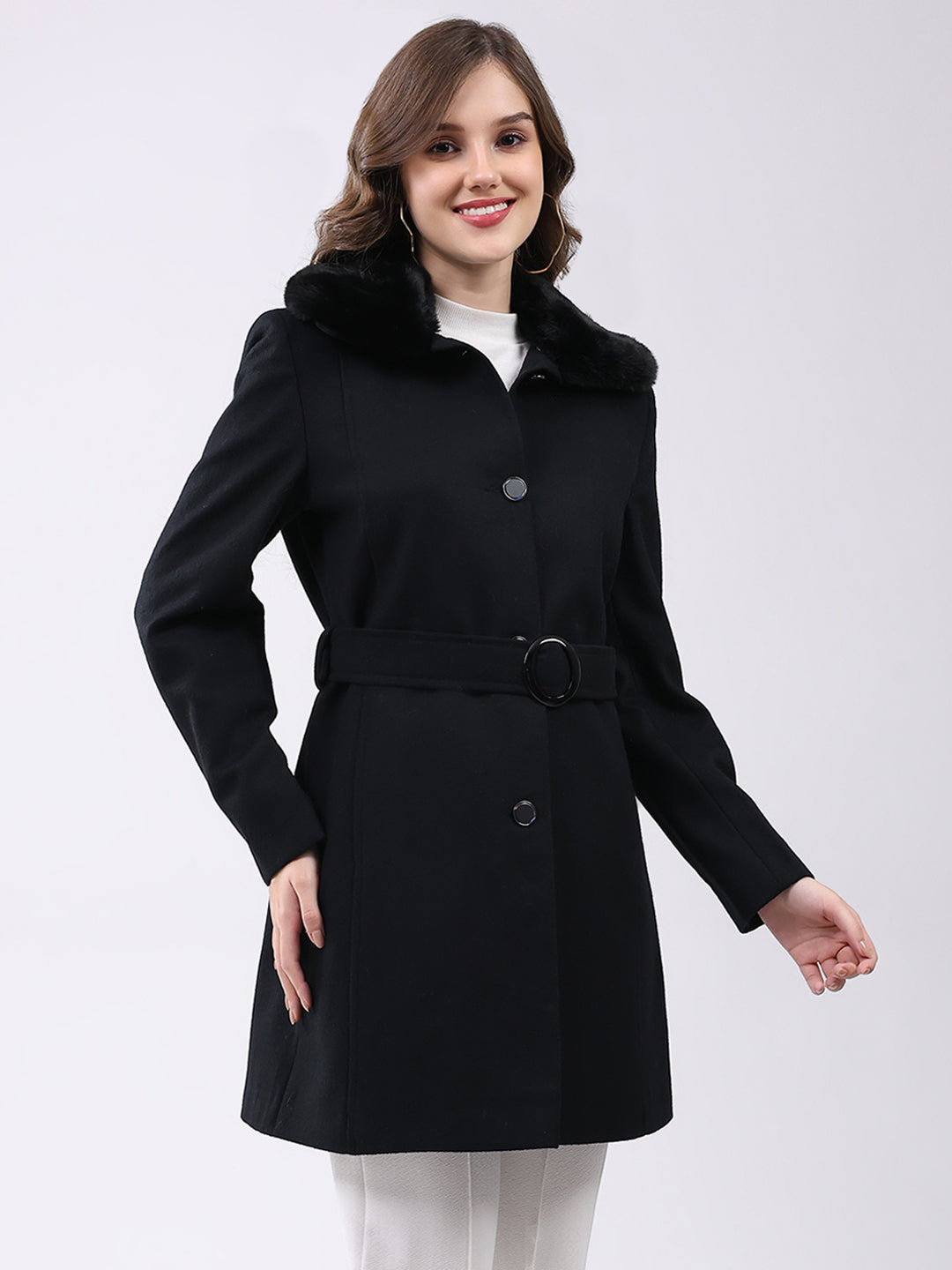 Women Black Solid Collar Full Sleeve Coat