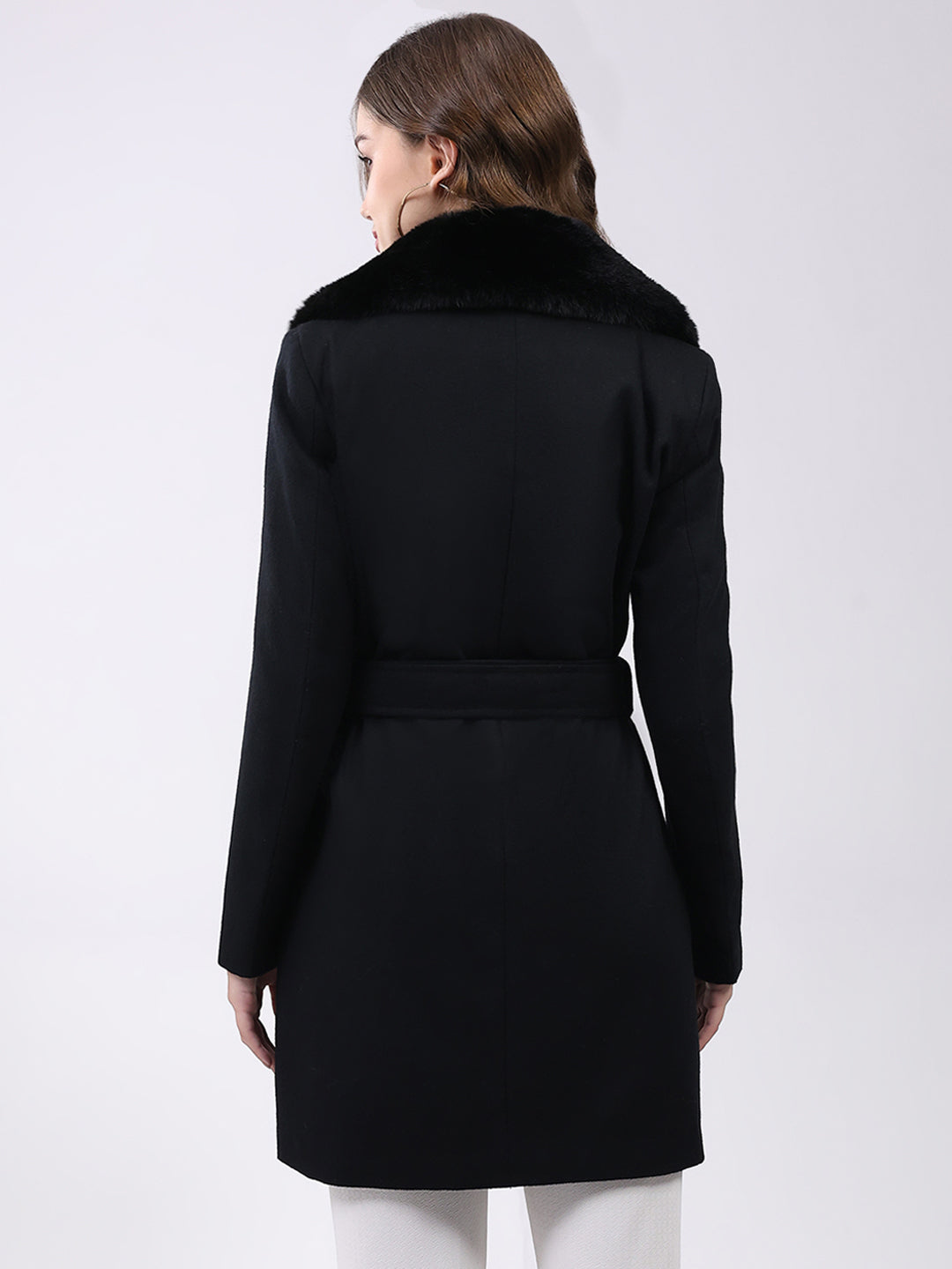 Women Black Solid Collar Full Sleeve Coat