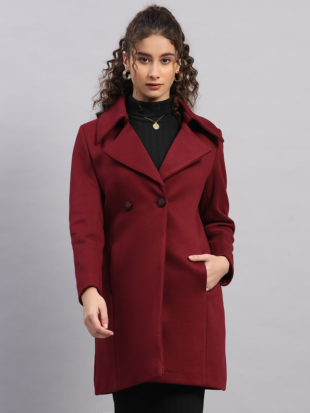 Women Burgundy Solid Collar Full Sleeve Coat