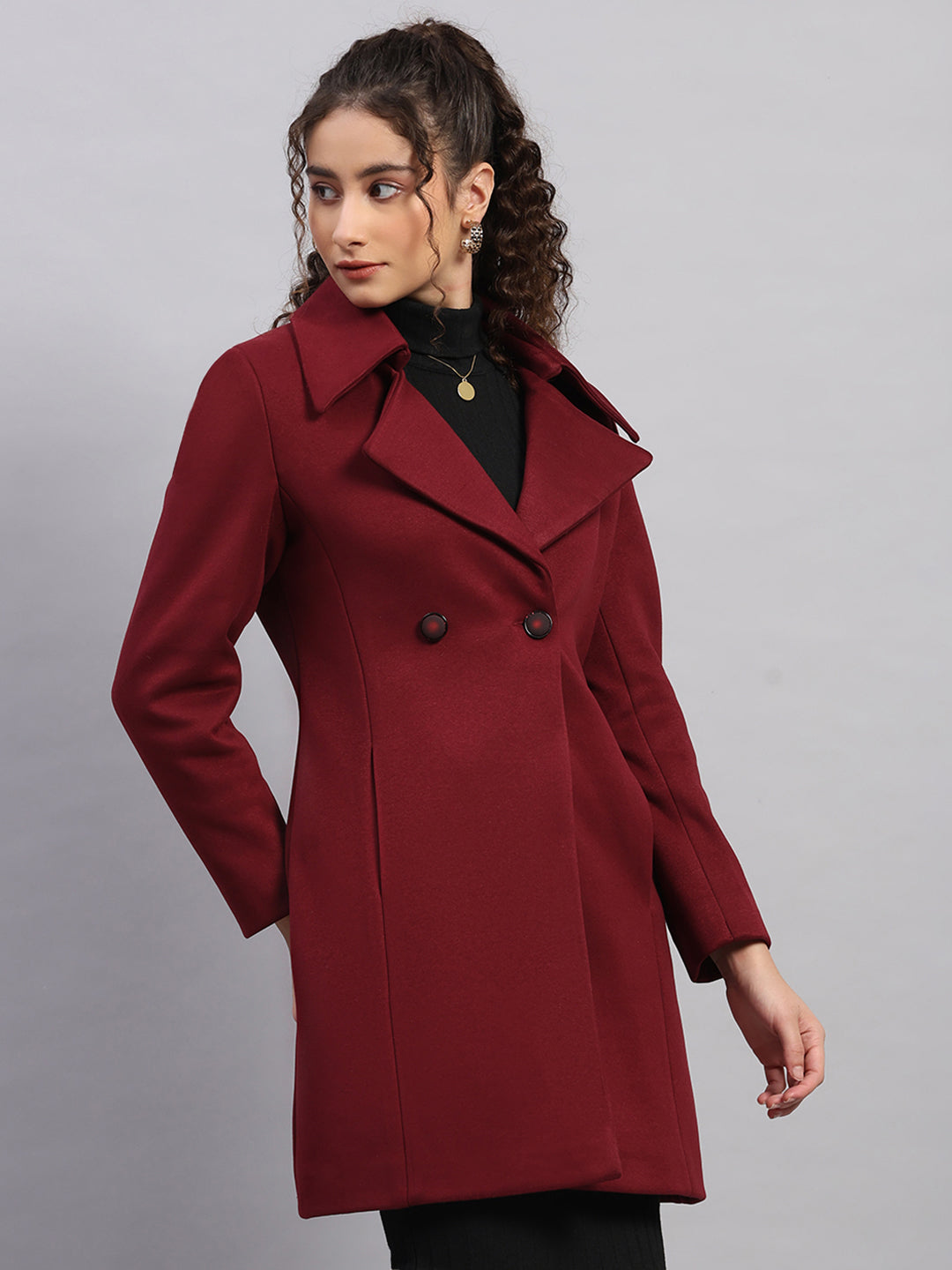 Women Burgundy Solid Collar Full Sleeve Coat