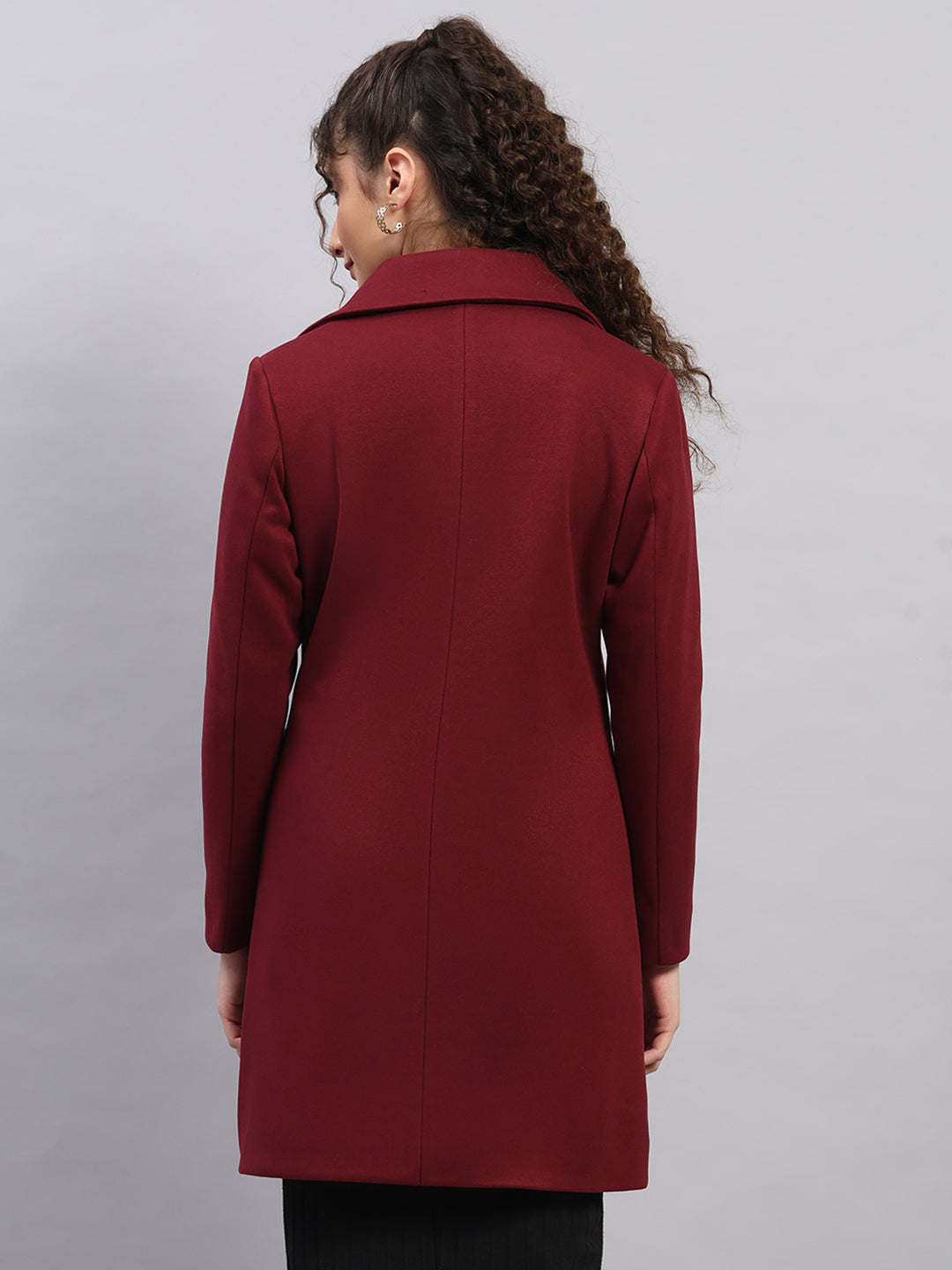 Women Burgundy Solid Collar Full Sleeve Coat