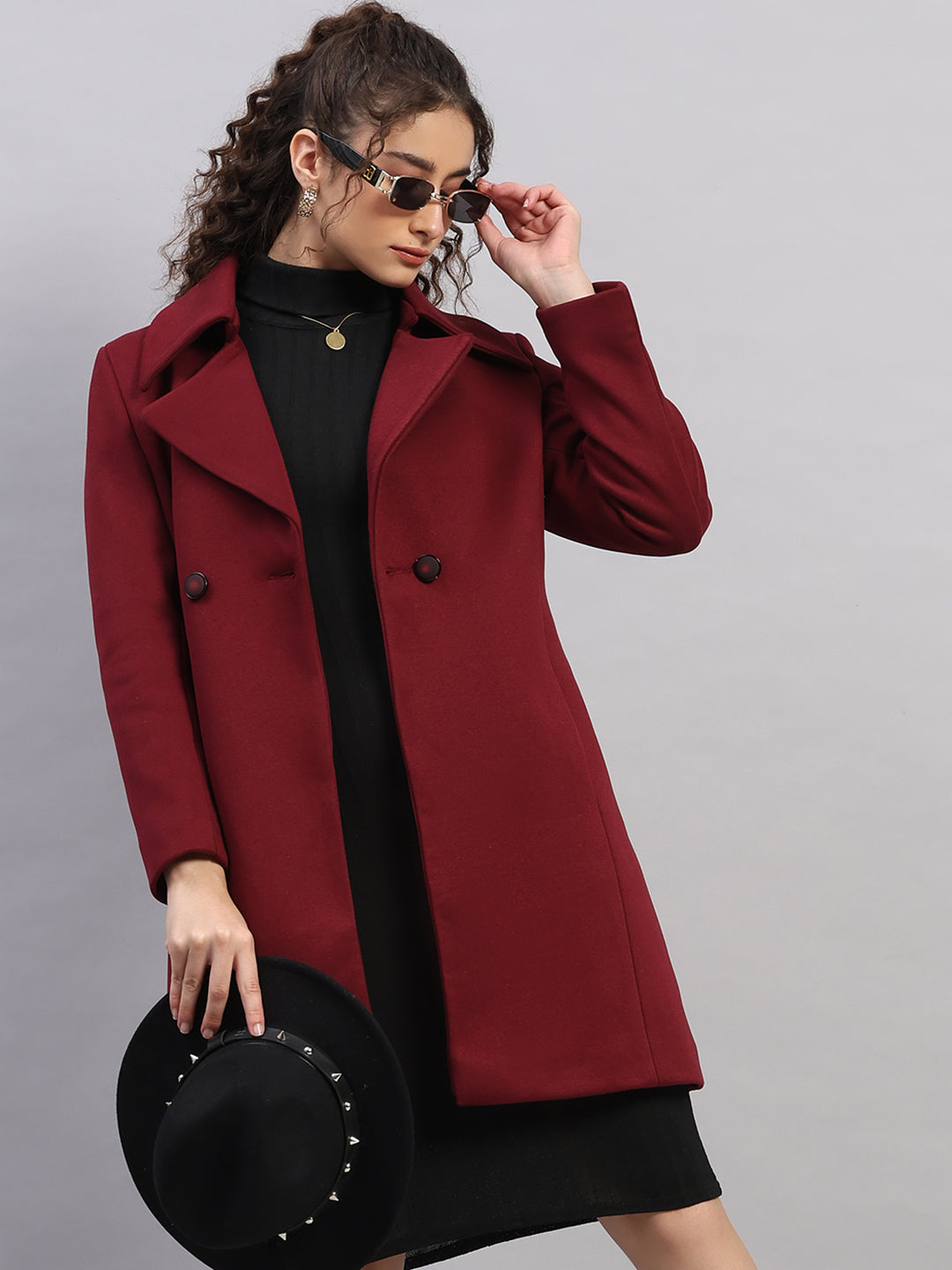 Women Burgundy Solid Collar Full Sleeve Coat