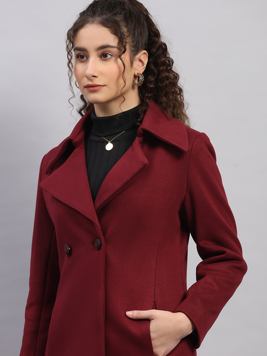Women Burgundy Solid Collar Full Sleeve Coat