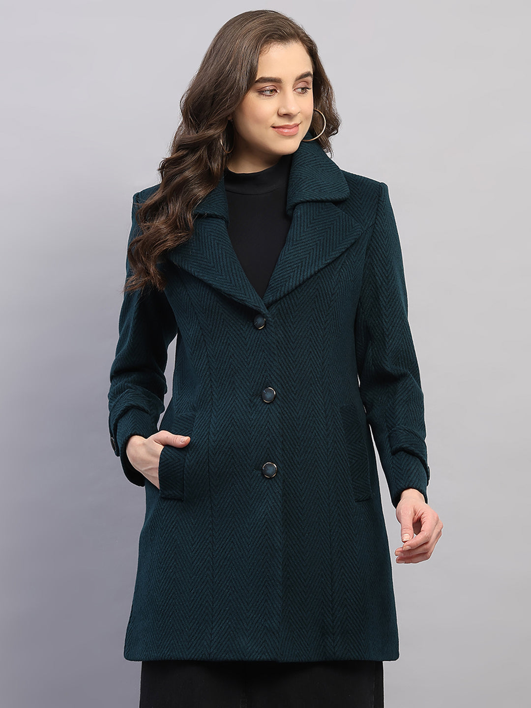 Women Teal Blue Printed Collar Full Sleeve Coat
