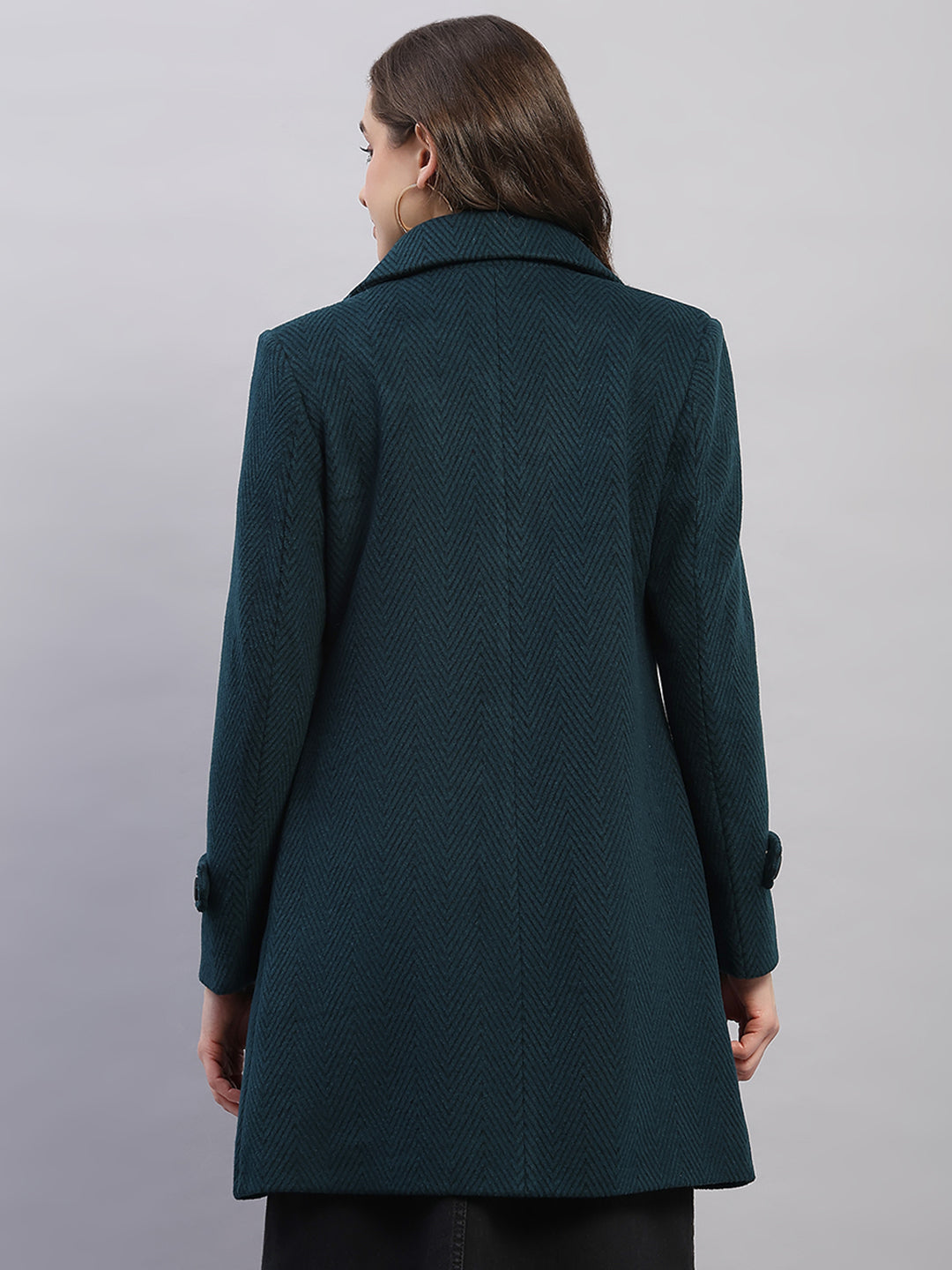 Women Teal Blue Printed Collar Full Sleeve Coat