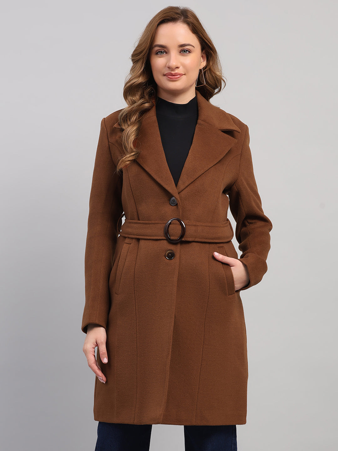 Women Brown Solid Collar Full Sleeve Coat