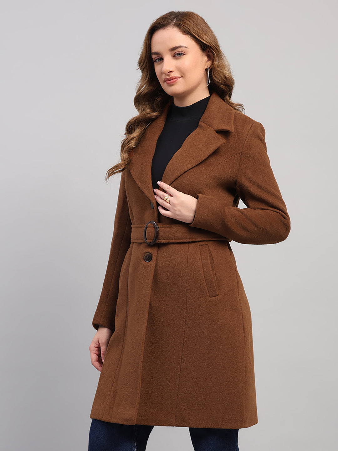 Women Brown Solid Collar Full Sleeve Coat