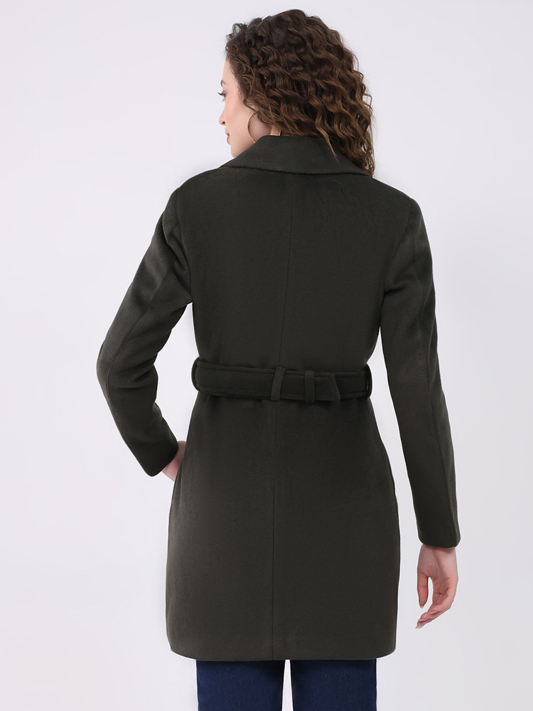 Women Olive Solid Notch Lapel Collar Full Sleeve Coat