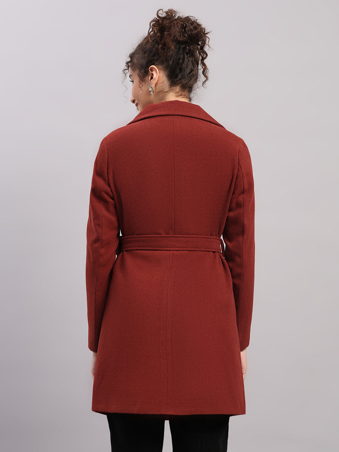 Women Rust Solid Collar Full Sleeve Coat