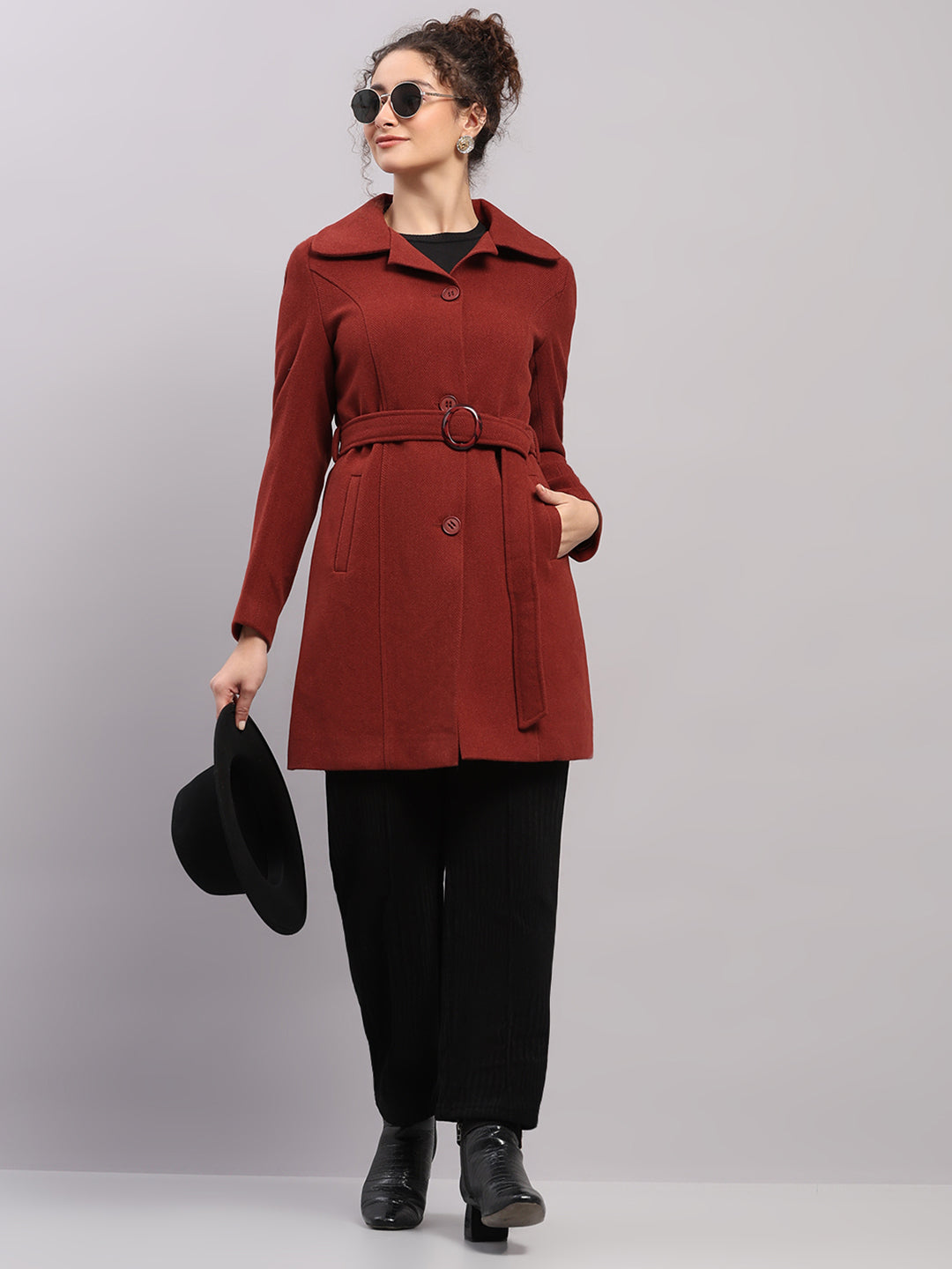 Women Rust Solid Collar Full Sleeve Coat