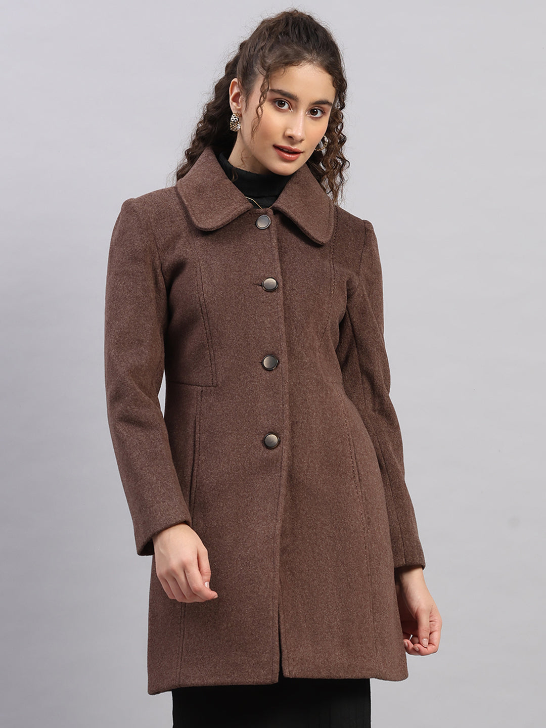 Women Brown Solid Collar Full Sleeve Coat