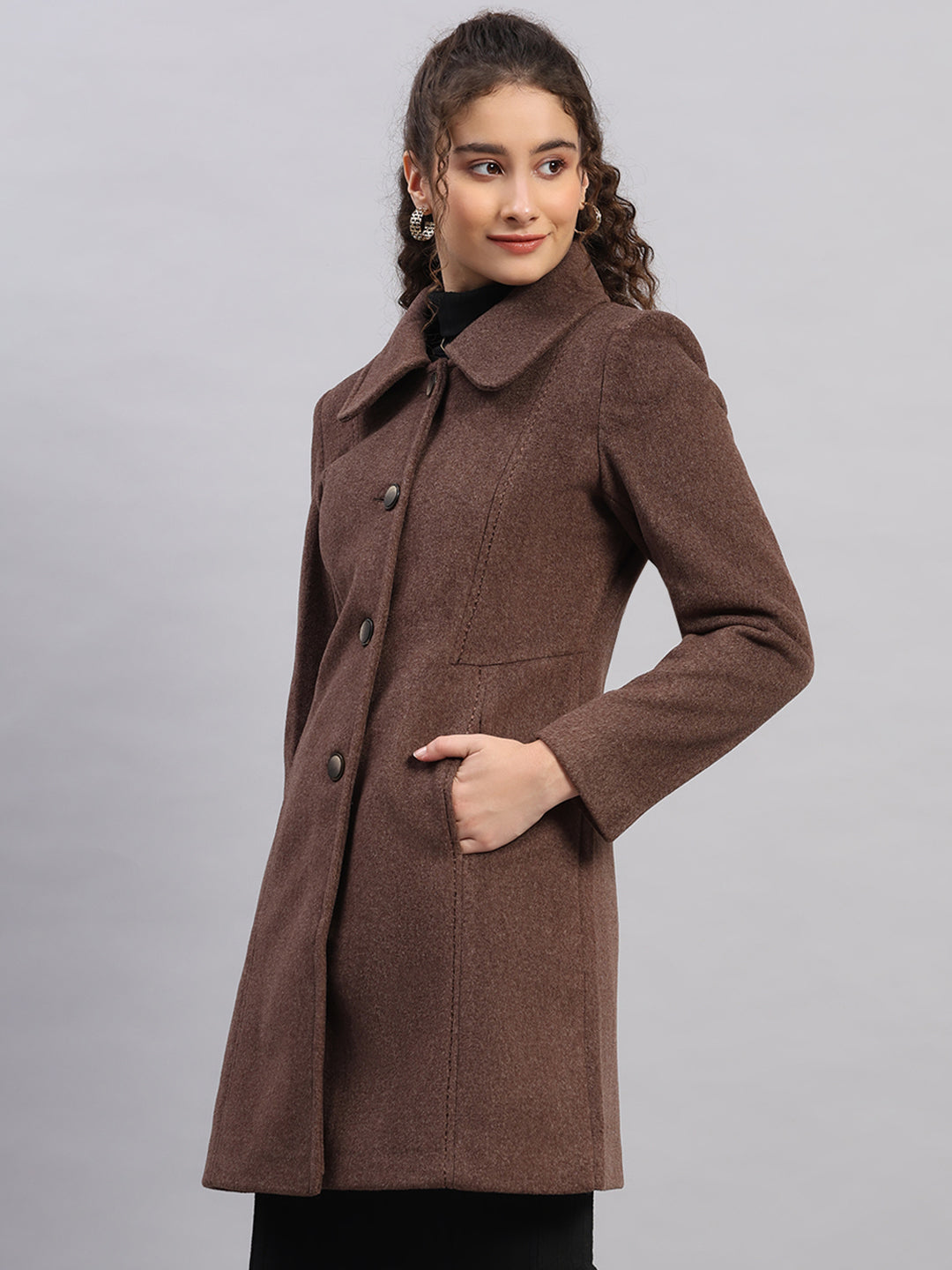 Women Brown Solid Collar Full Sleeve Coat