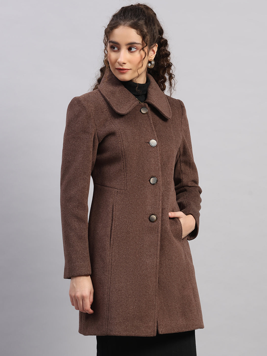 Women Brown Solid Collar Full Sleeve Coat