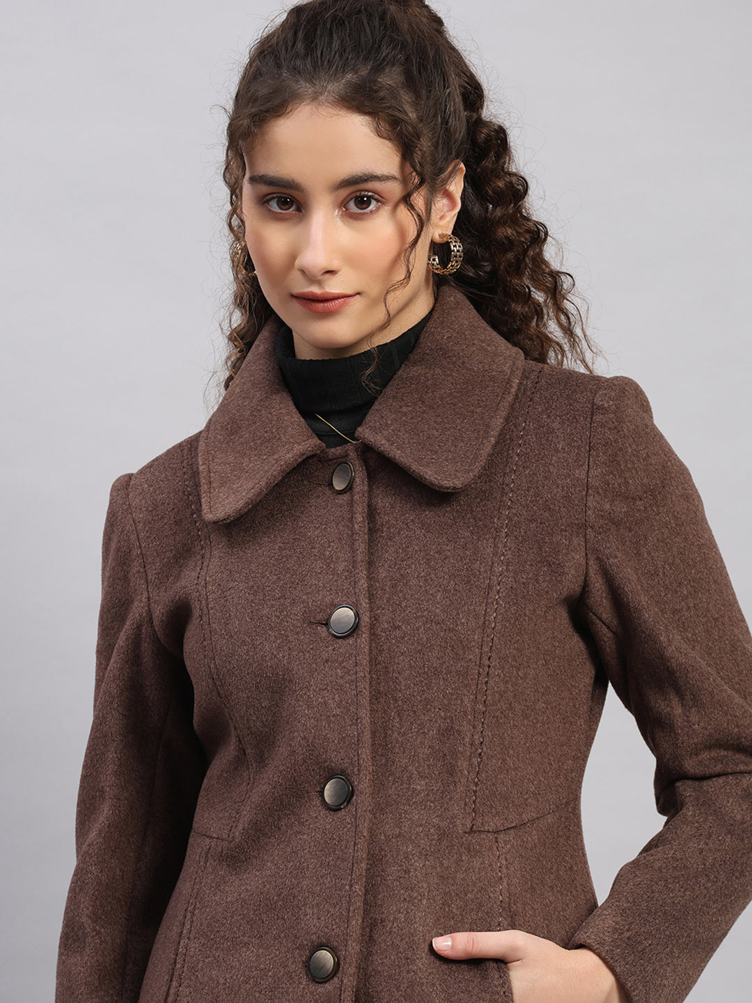 Women Brown Solid Collar Full Sleeve Coat