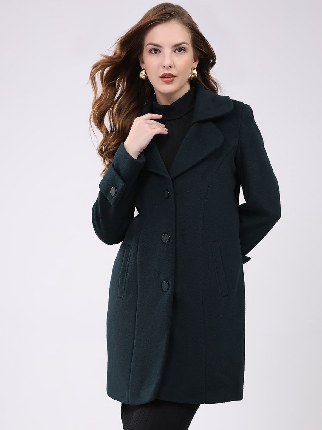 Women Teal Blue Solid Notch Lapel Collar Full Sleeve Coat