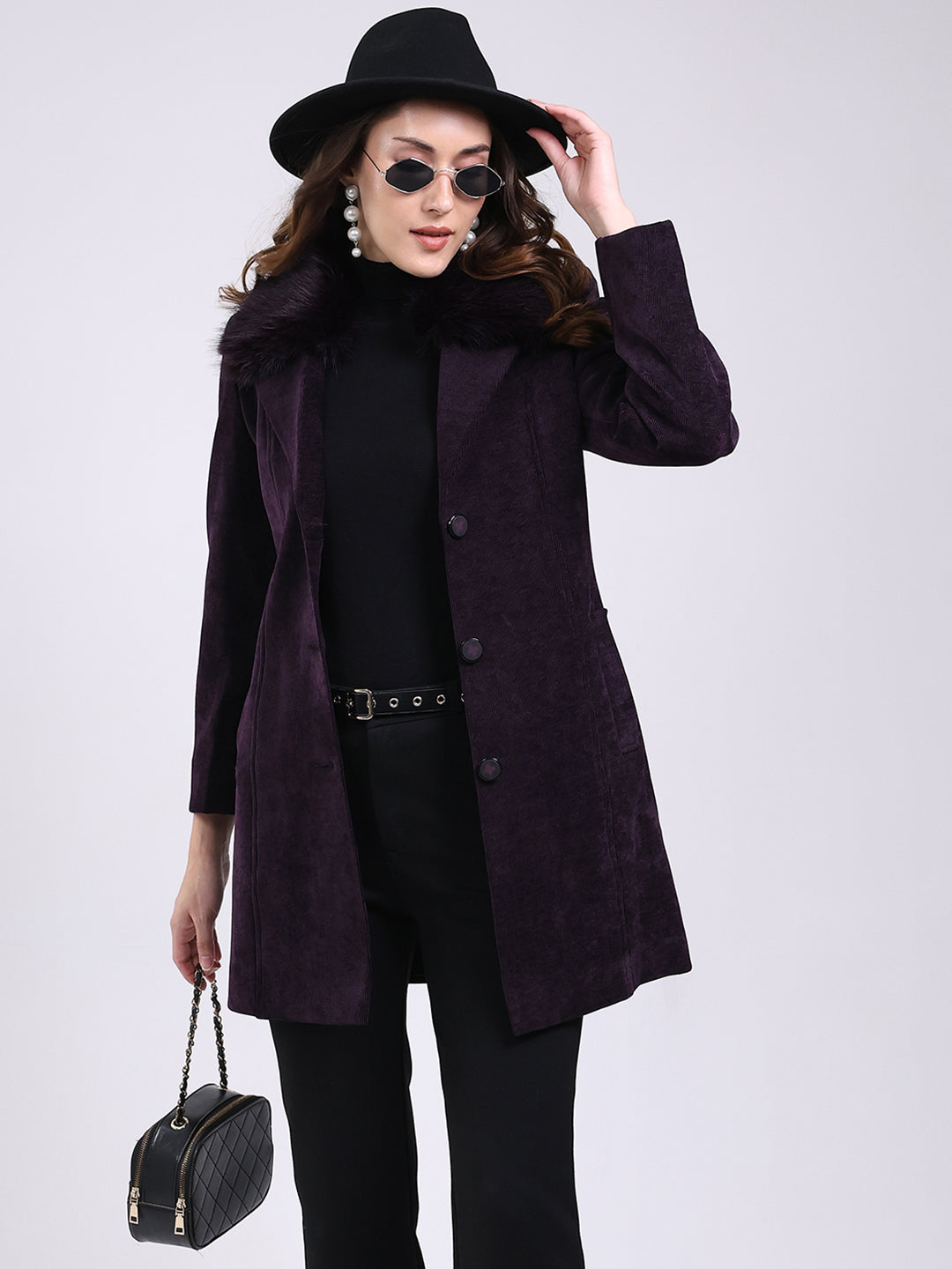 Women Purple Solid Notch Lapel Collar Full Sleeve Coat