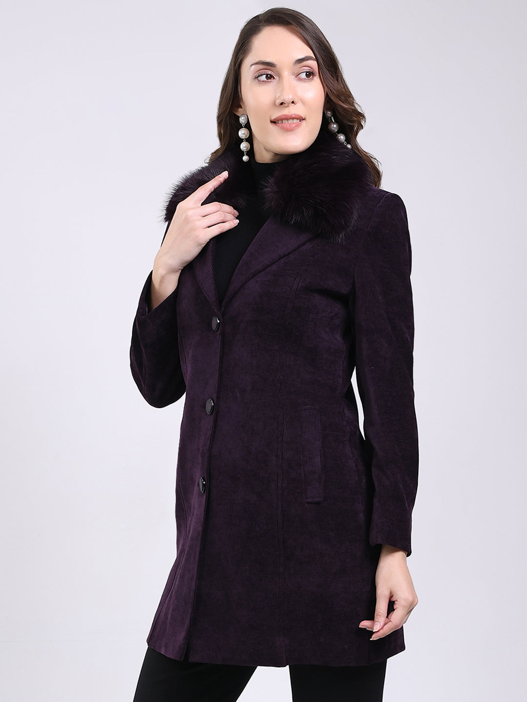 Women Purple Solid Notch Lapel Collar Full Sleeve Coat