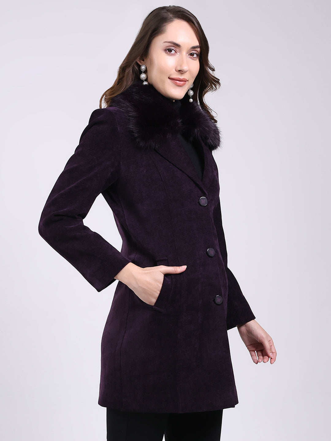 Women Purple Solid Notch Lapel Collar Full Sleeve Coat