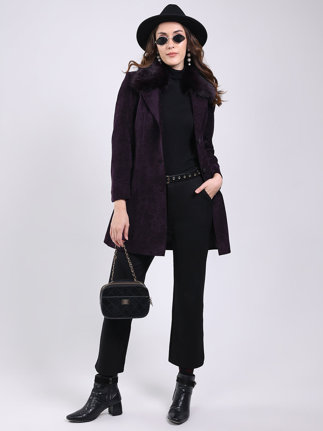 Women Purple Solid Notch Lapel Collar Full Sleeve Coat