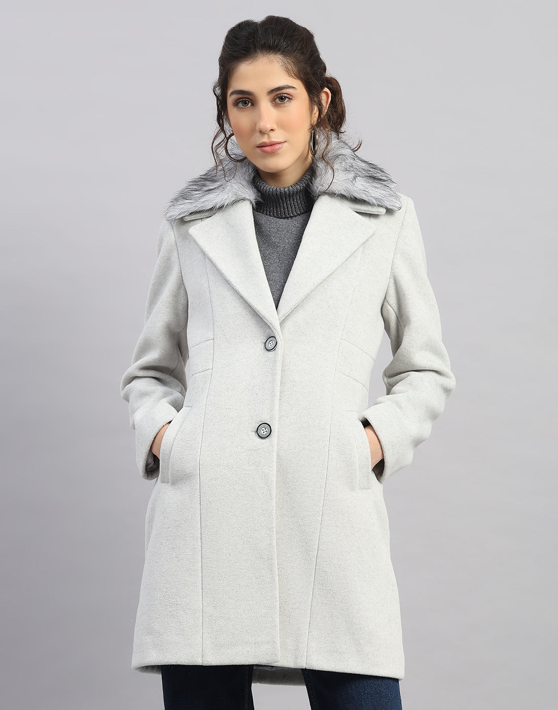 Women Grey Solid Collar Full Sleeve Coat