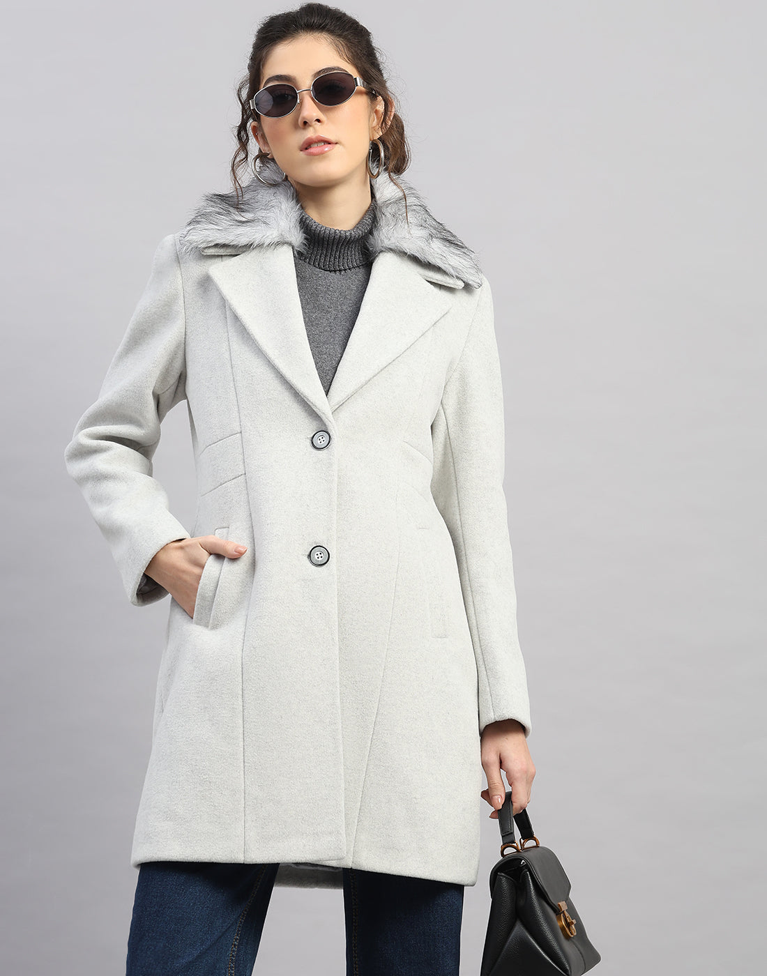 Women Grey Solid Collar Full Sleeve Coat
