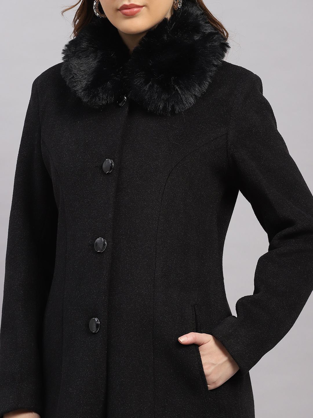 Women Black Solid Collar Full Sleeve Coat