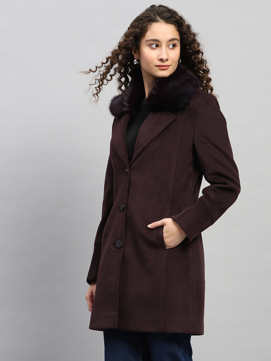 Women Burgundy Solid Collar Full Sleeve Coat