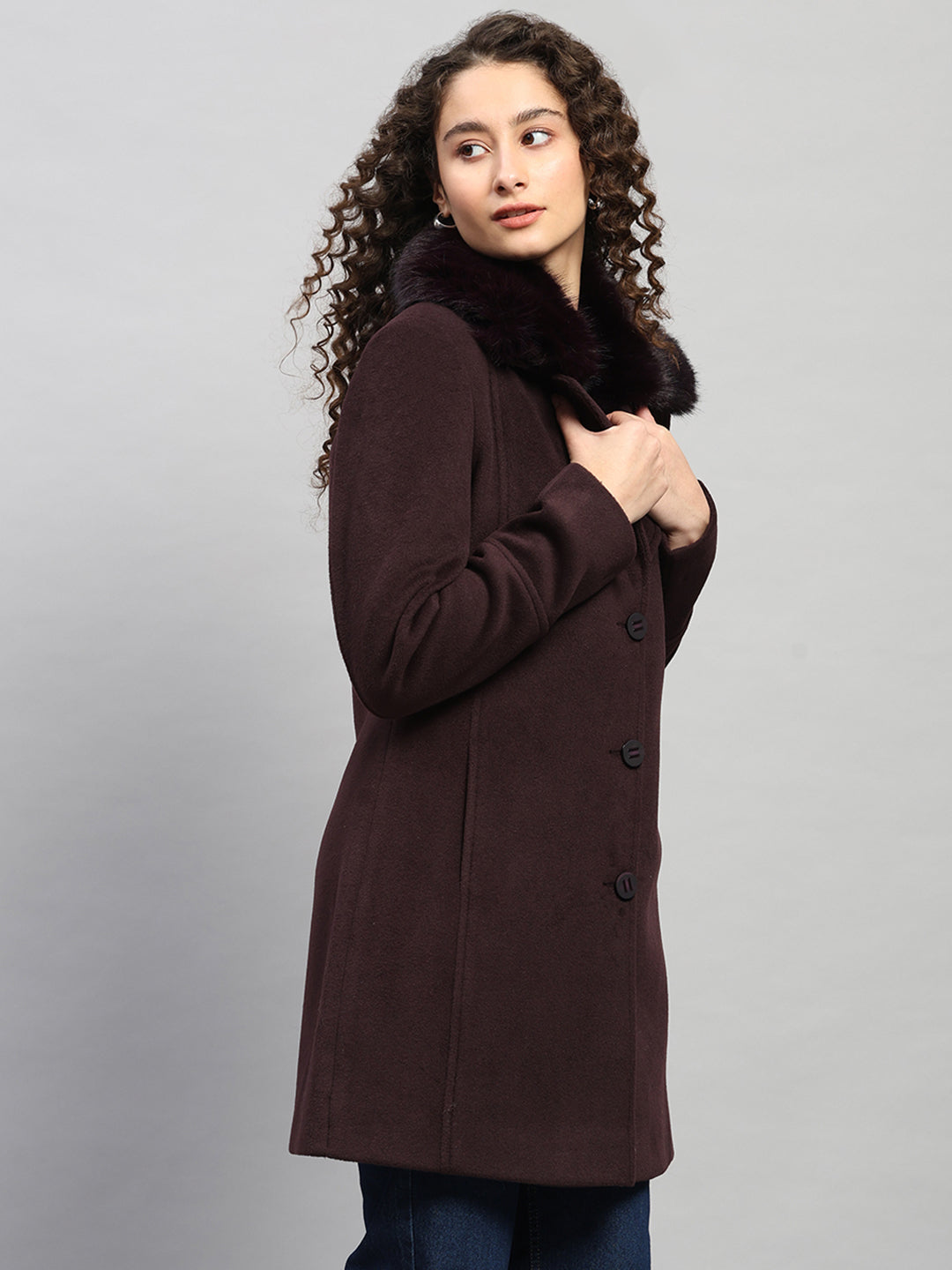 Women Burgundy Solid Collar Full Sleeve Coat
