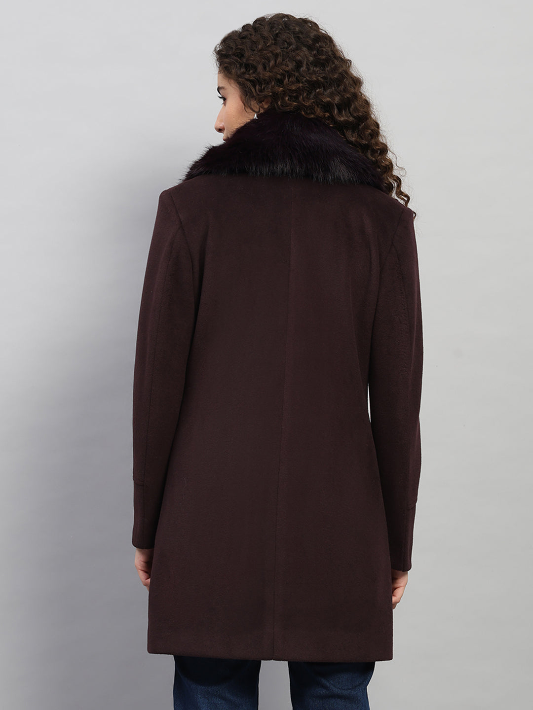 Women Burgundy Solid Collar Full Sleeve Coat