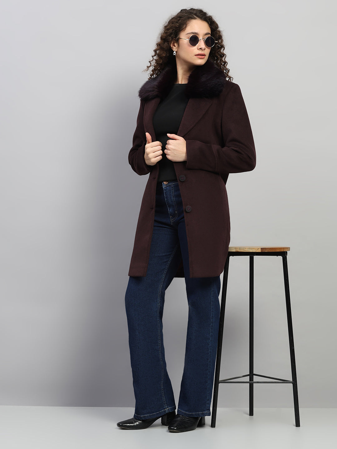 Women Burgundy Solid Collar Full Sleeve Coat
