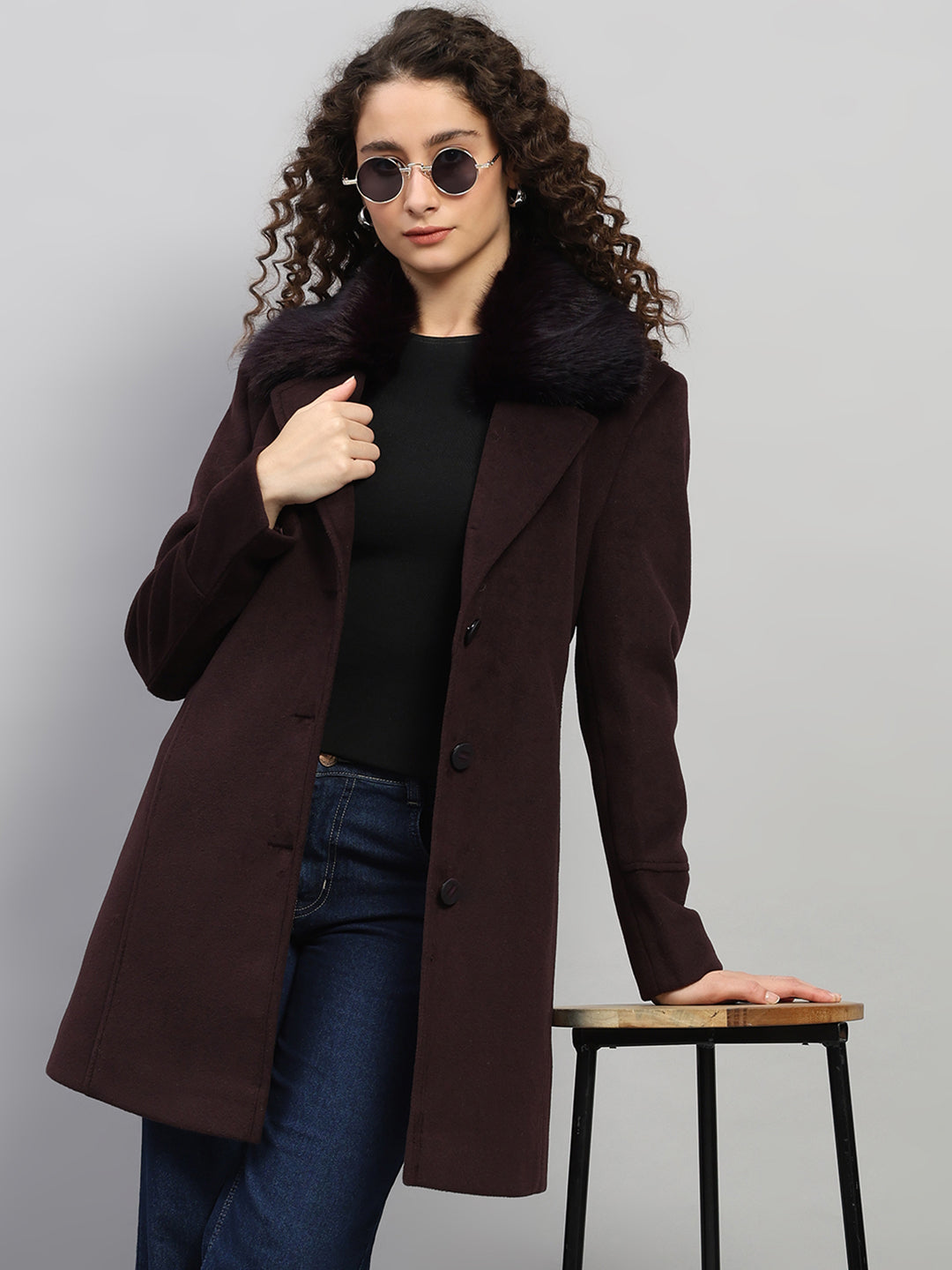 Women Burgundy Solid Collar Full Sleeve Coat