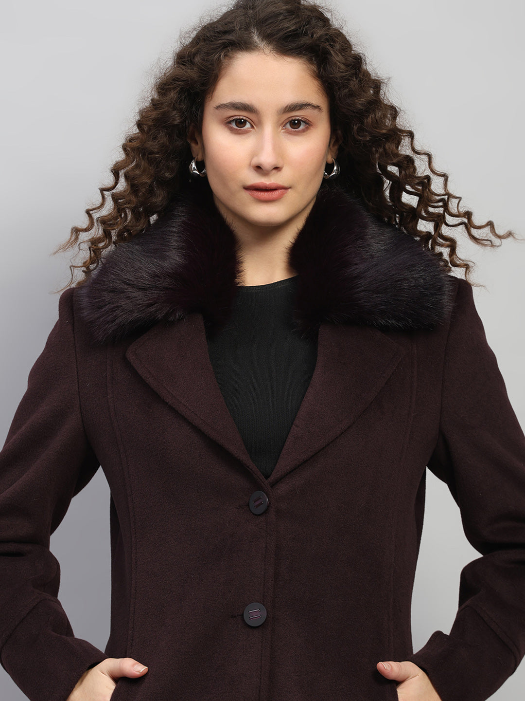 Women Burgundy Solid Collar Full Sleeve Coat