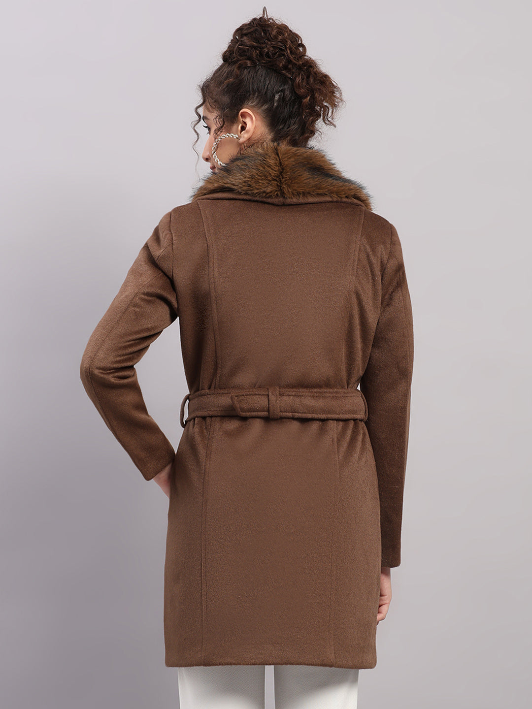 Women Camel Brown Solid Collar Full Sleeve Coat
