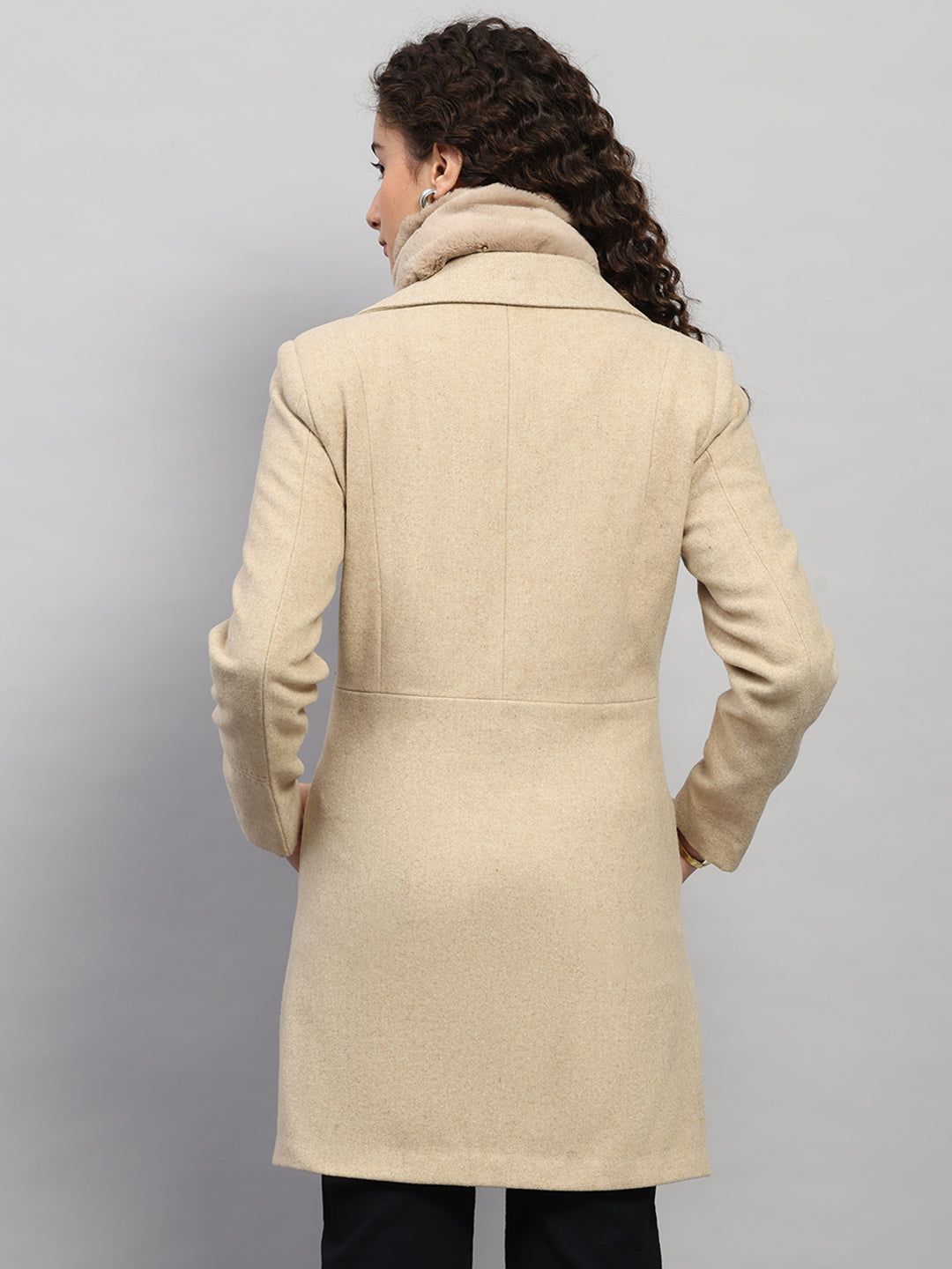 Women Beige Solid Collar Full Sleeve Coat