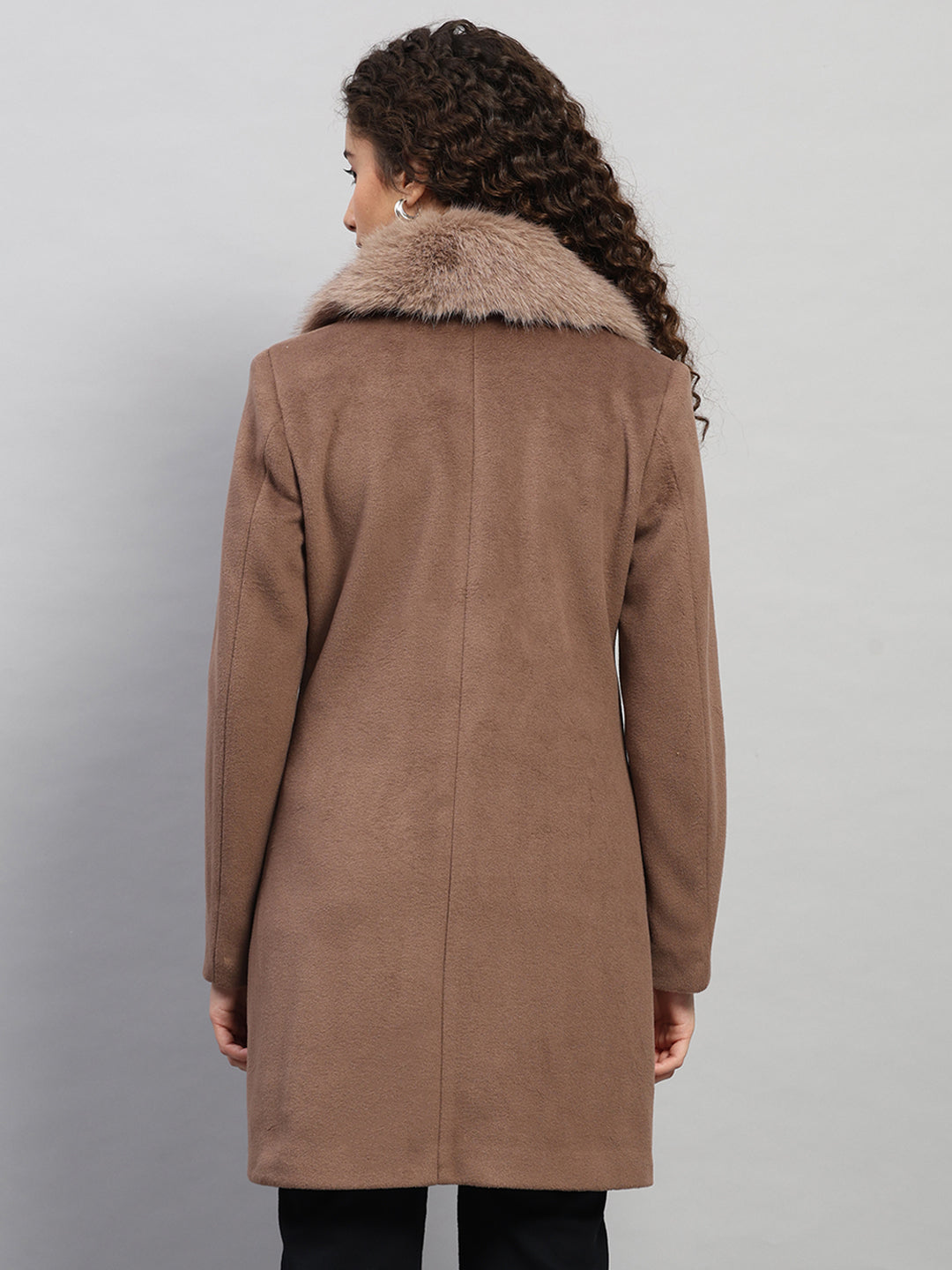 Women Brown Solid Collar Full Sleeve Coat
