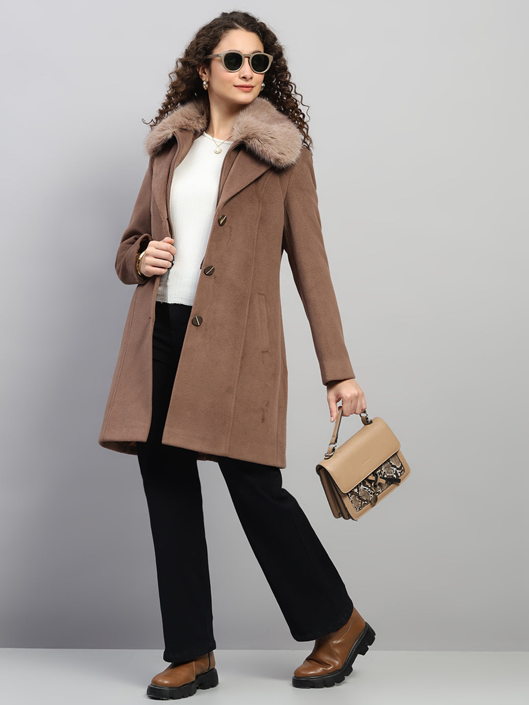 Women Brown Solid Collar Full Sleeve Coat