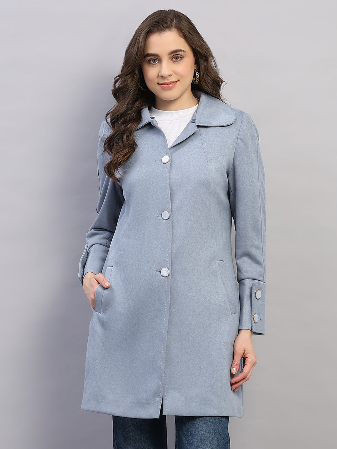 Women Sky Blue Solid Collar Full Sleeve Coat