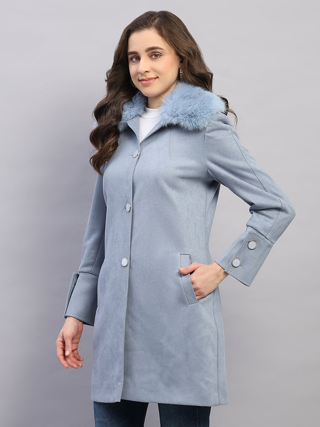 Women Sky Blue Solid Collar Full Sleeve Coat