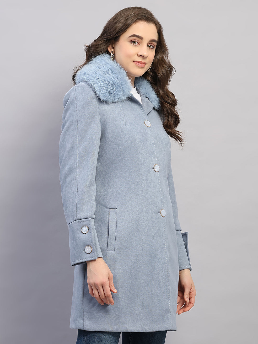 Women Sky Blue Solid Collar Full Sleeve Coat