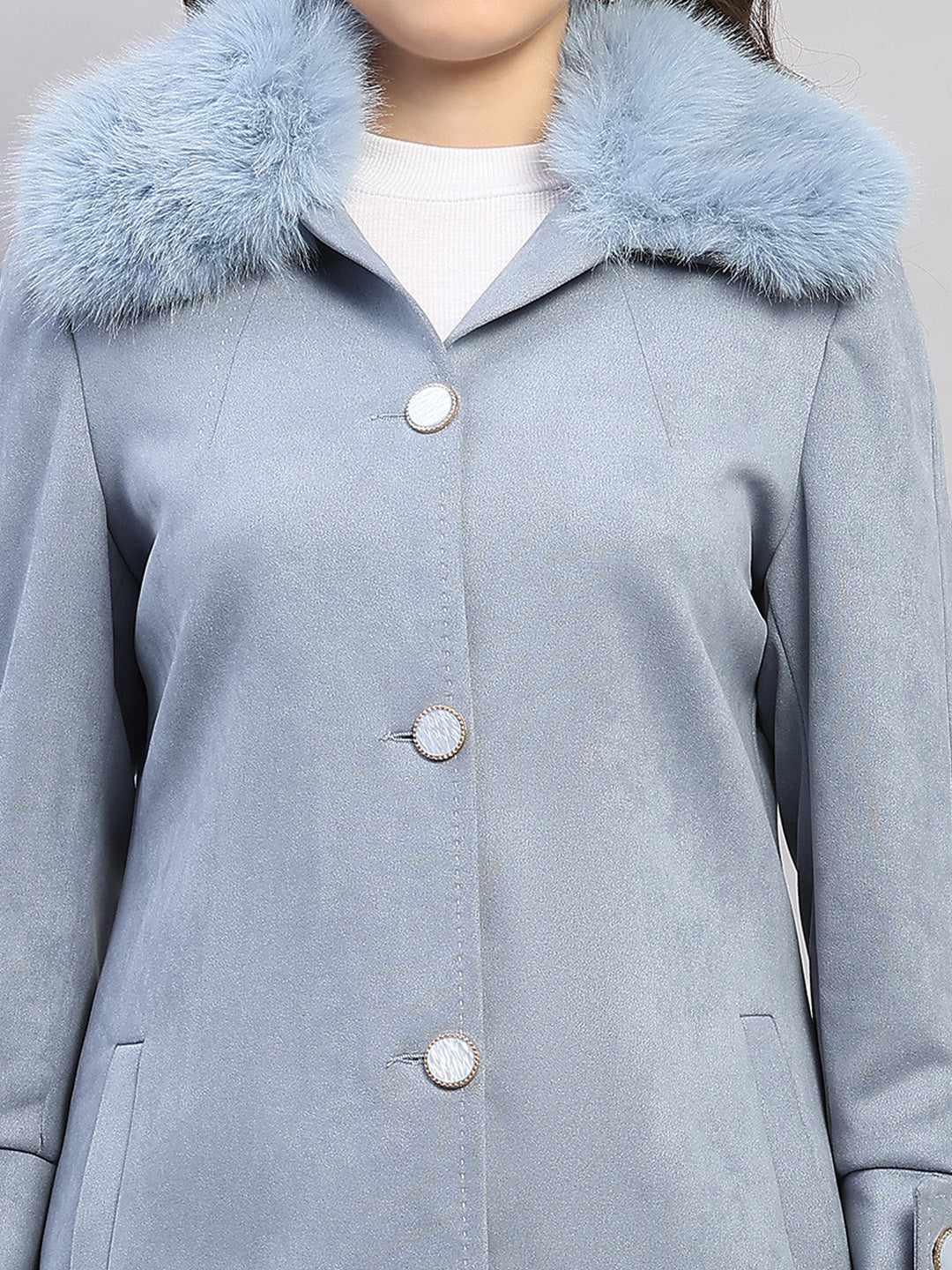 Women Sky Blue Solid Collar Full Sleeve Coat