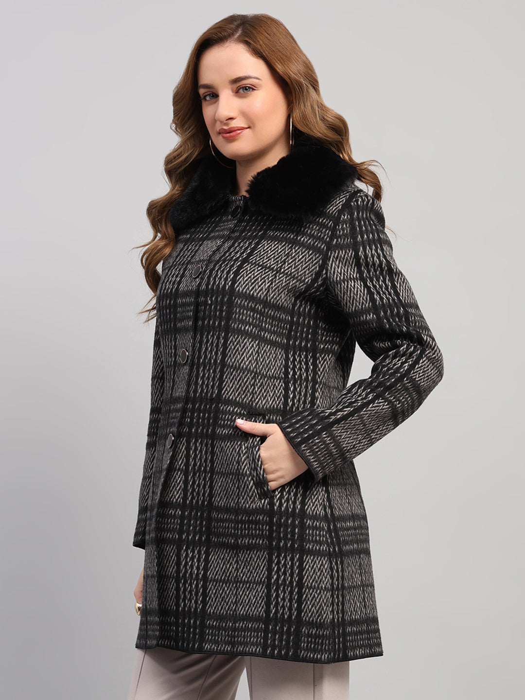 Women Black Check Collar Full Sleeve Wool Non-Lined Coat