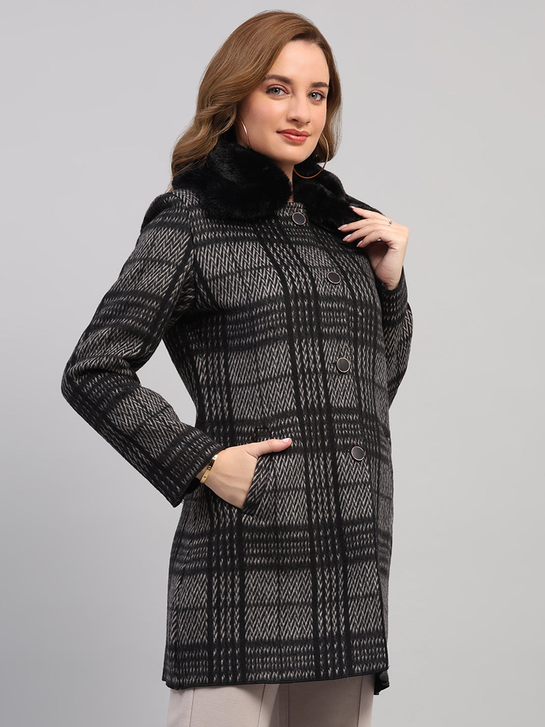 Women Black Check Collar Full Sleeve Wool Non-Lined Coat