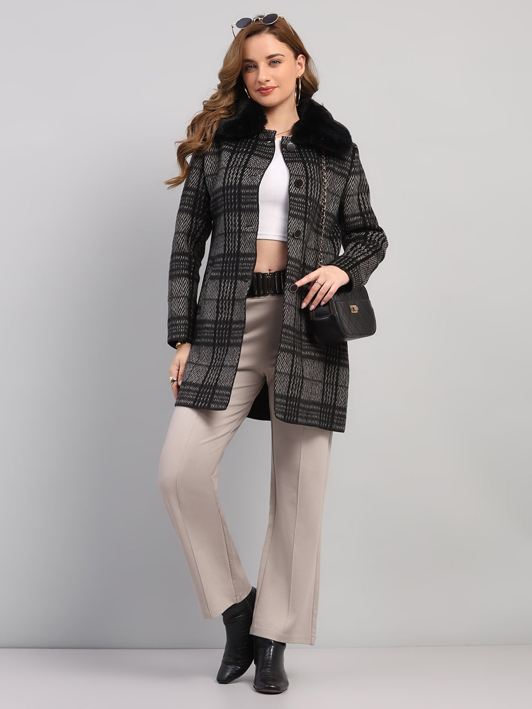 Women Black Check Collar Full Sleeve Wool Non-Lined Coat