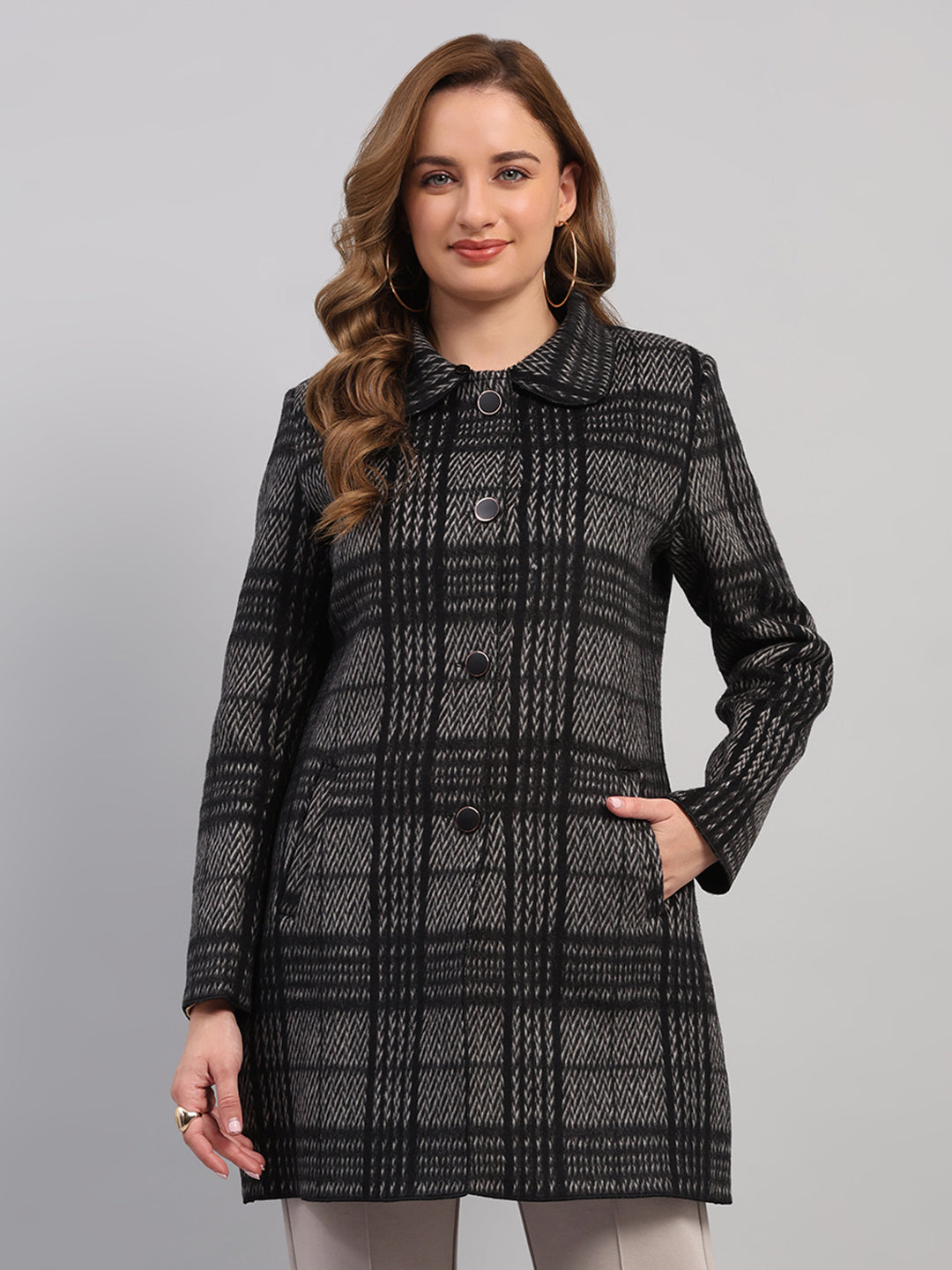 Women Black Check Collar Full Sleeve Wool Non-Lined Coat