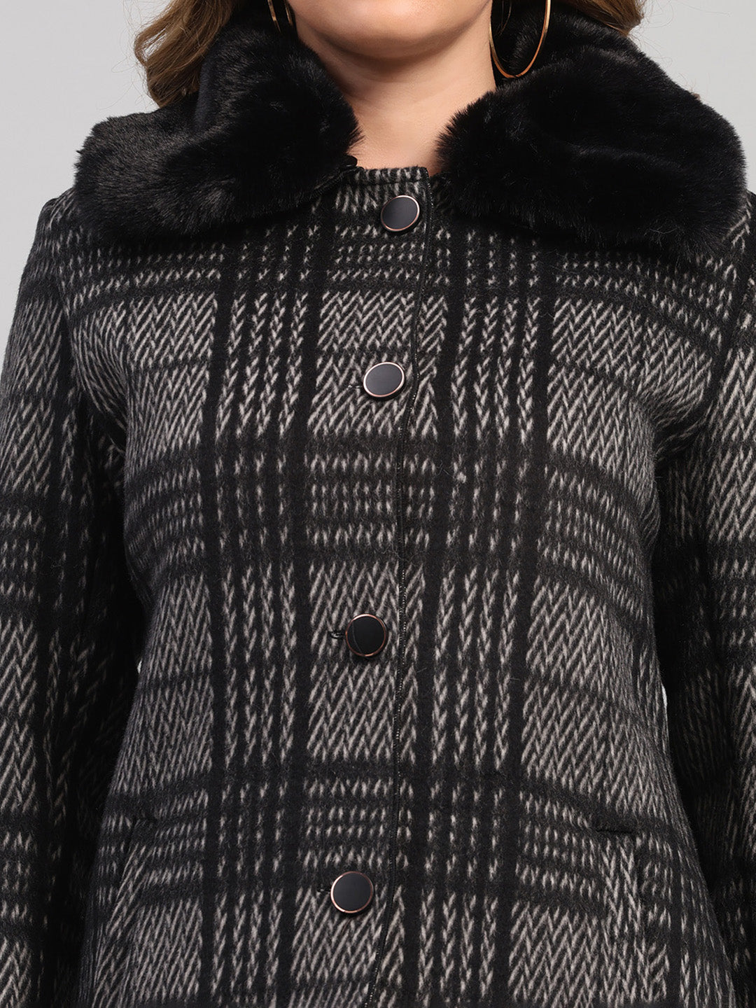 Women Black Check Collar Full Sleeve Wool Non-Lined Coat