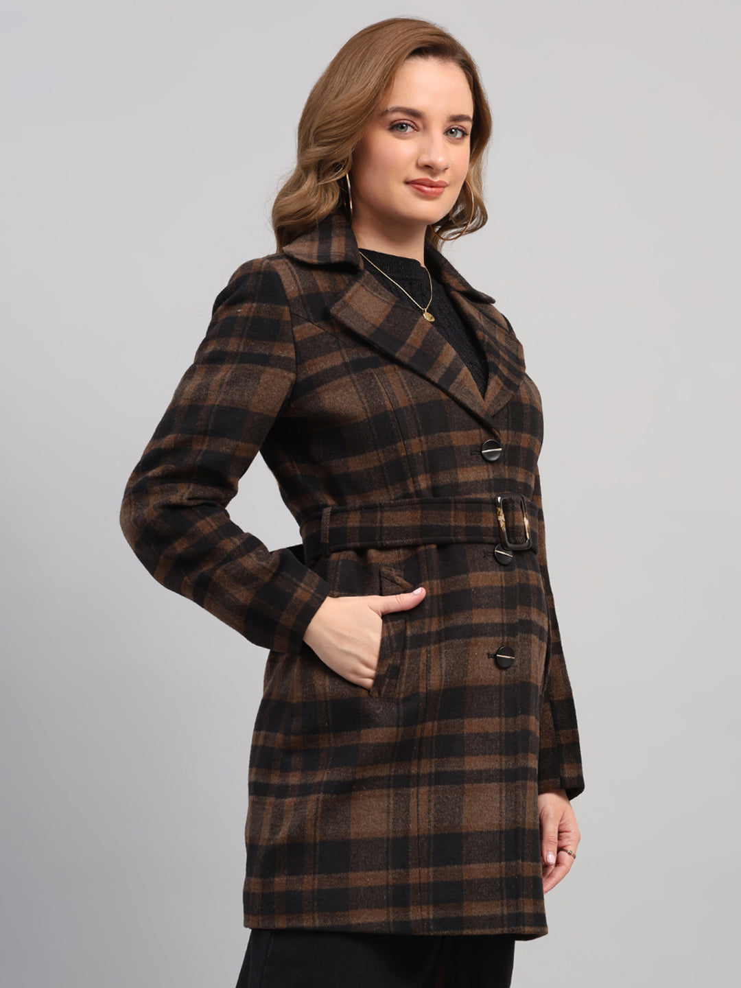 Women Camel Brown Check Collar Full Sleeve Coat