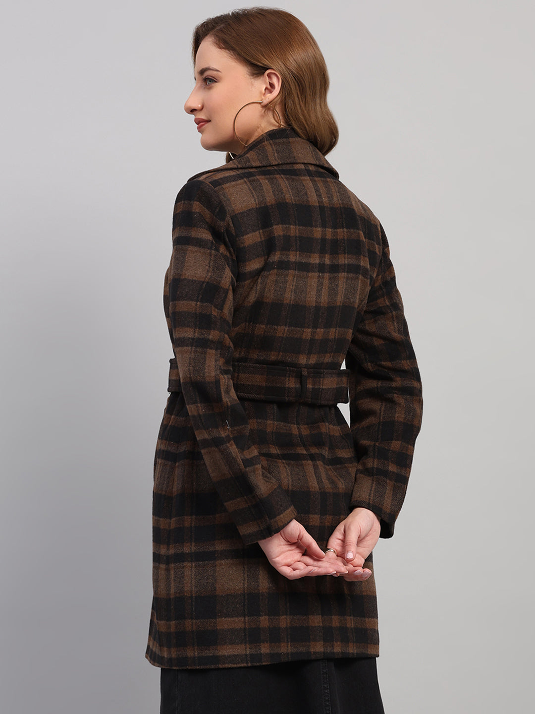 Women Camel Brown Check Collar Full Sleeve Coat