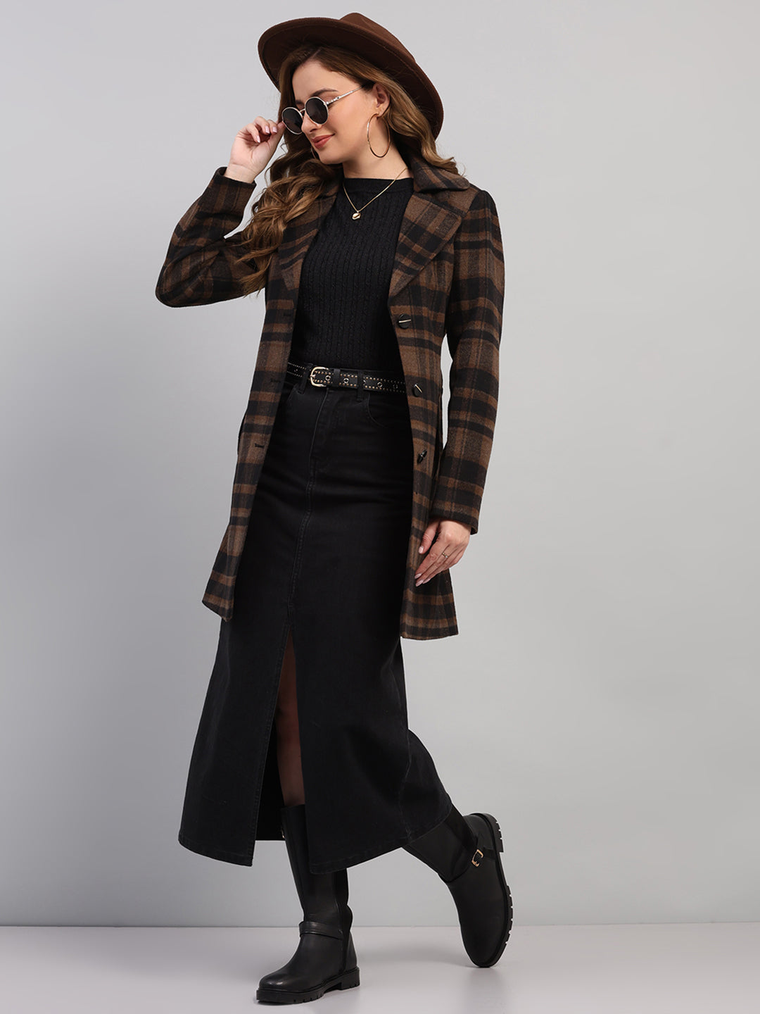 Women Camel Brown Check Collar Full Sleeve Coat