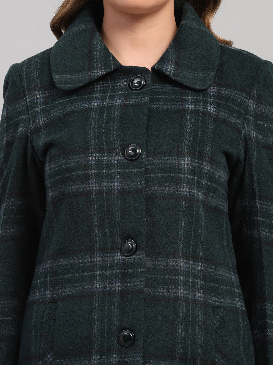 Women Green Check Collar Full Sleeve Coat