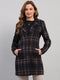 Women Navy Blue Check Collar Full Sleeve Coat